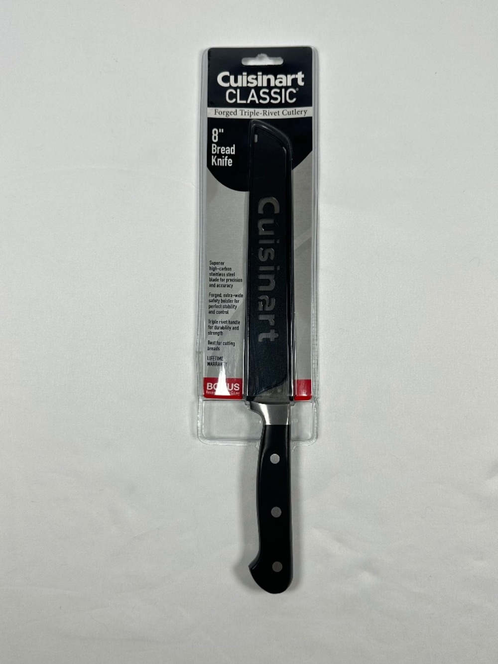 Cuisinart Classic 8" Serrated Bread Knife Black Triple Rivet Handle Blade Cover